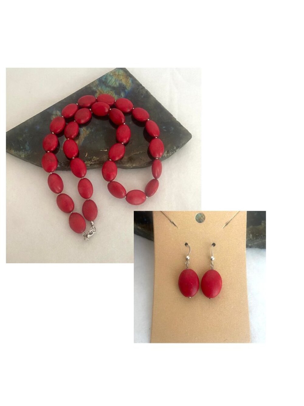 Sterling Silver 925 Oval Red Beaded Necklace & Dangle Earring Set 21"